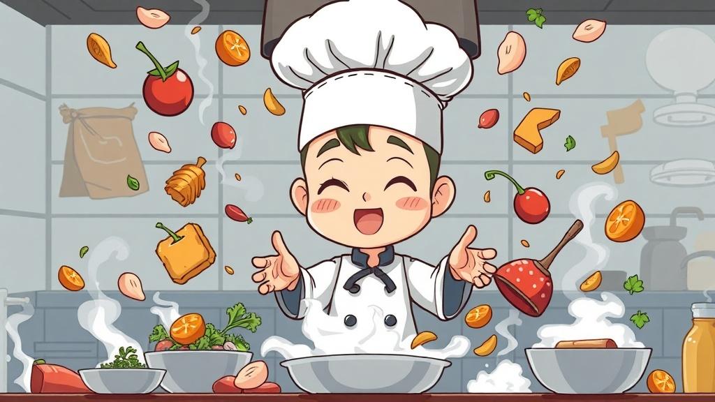 A manga-style chibi cooking scene with a young chef surrounded by flying ingredients and steam cute manga comedy style