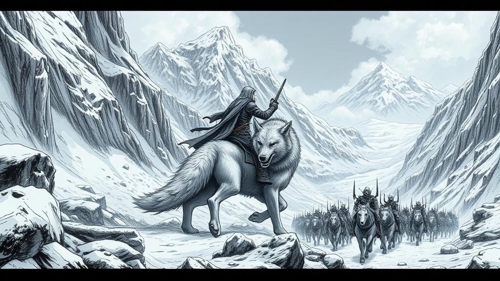 A manga fantasy warrior riding a massive wolf through a snowy mountain pass with an army behind them epic manga landscape