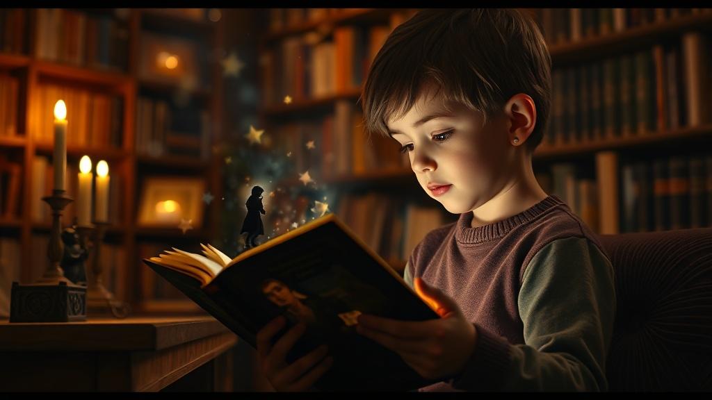 A cinematic cozy library scene with a child reading a magical book that projects glowing stories into the air with warm candlelight and bokeh