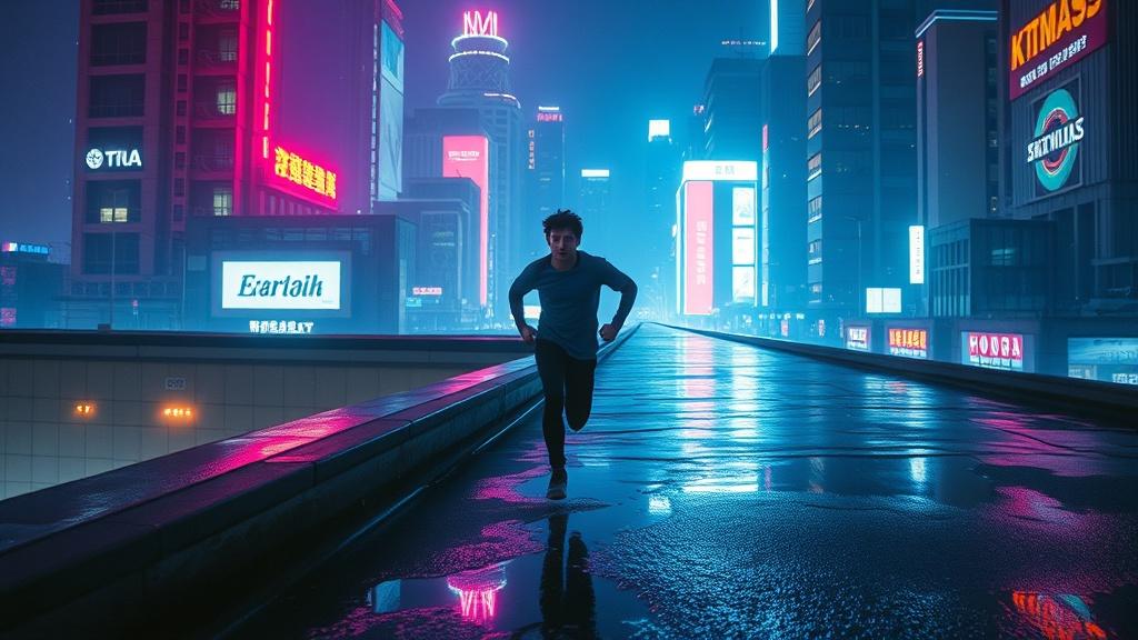 A cinematic chase scene through a neon-lit futuristic city at night with a young hero running across rooftops with holographic signs