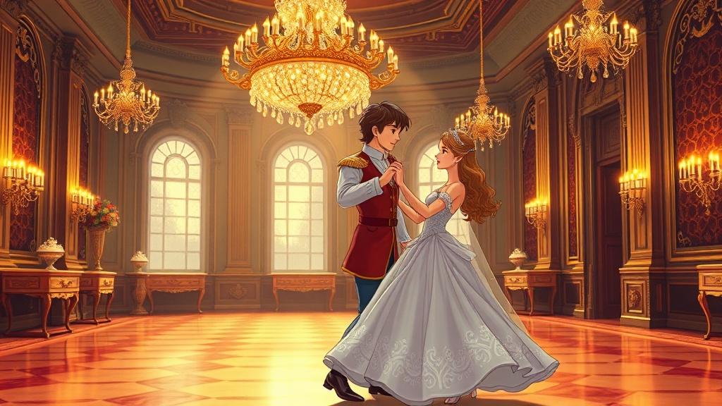 A classic storybook illustration of a prince and princess dancing in a grand ballroom with golden light
