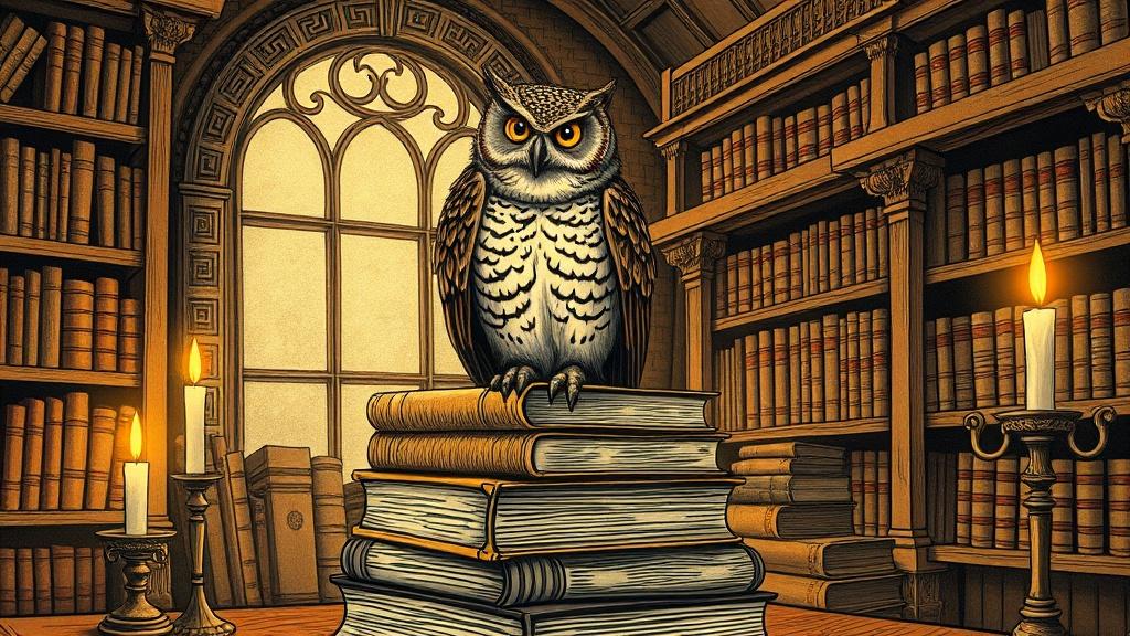 A classic vintage illustration of a wise old owl perched on ancient books in a candlelit library