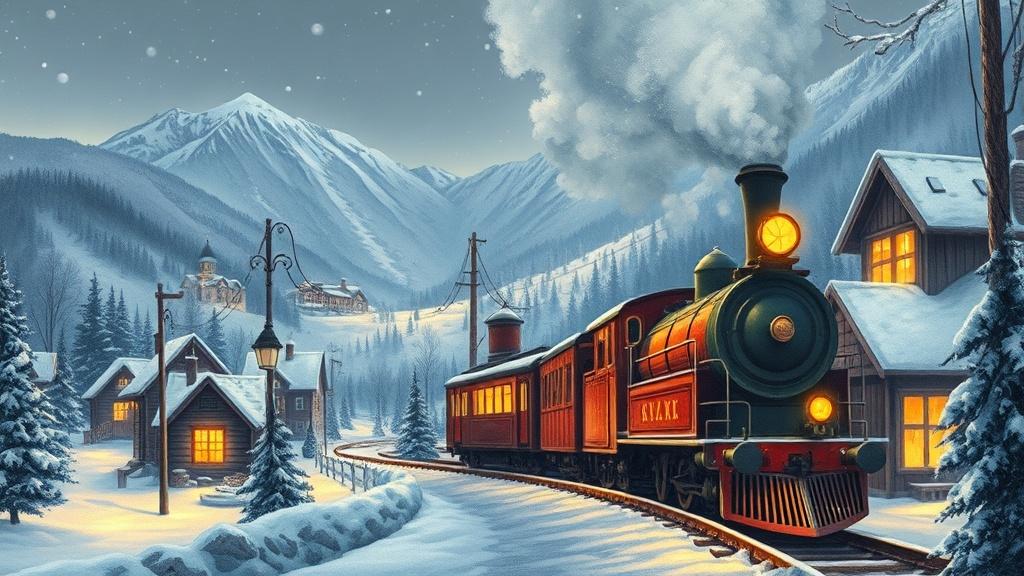 A classic storybook illustration of a steam train chugging through a snowy mountain village at Christmas