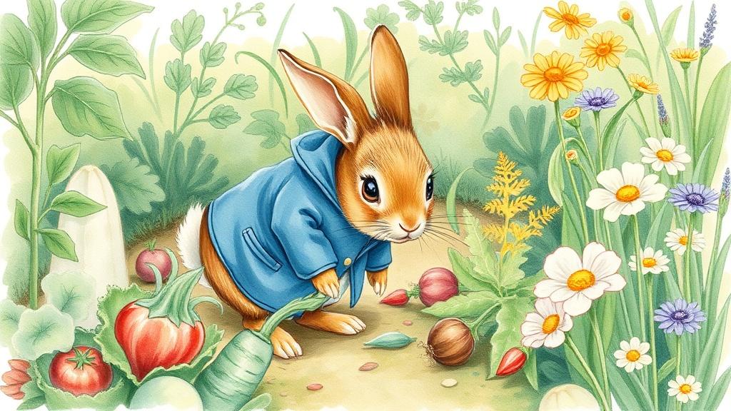 A classic illustration of a little rabbit in a blue jacket sneaking through a garden of vegetables and flowers