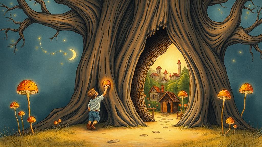 A classic fairy tale illustration of a child finding a door in a hollow tree that opens to a magical world