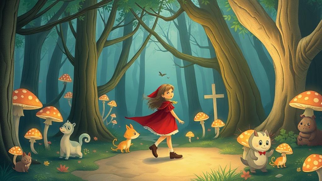 A whimsical storybook illustration of a young girl in a red cloak walking through an enchanted forest with glowing mushrooms and friendly woodland creatures