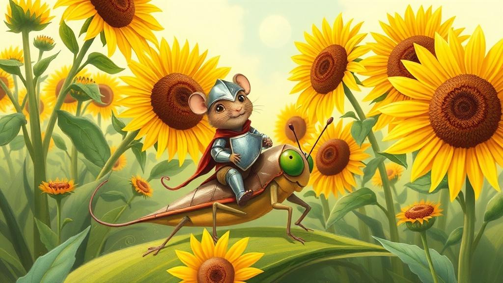 A storybook illustration of a brave mouse knight riding a grasshopper through a garden of giant sunflowers