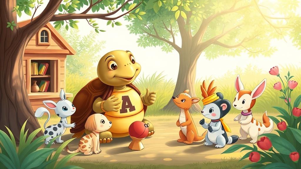 A storybook illustration of a wise old tortoise teaching baby animals the alphabet in a sun-dappled woodland school