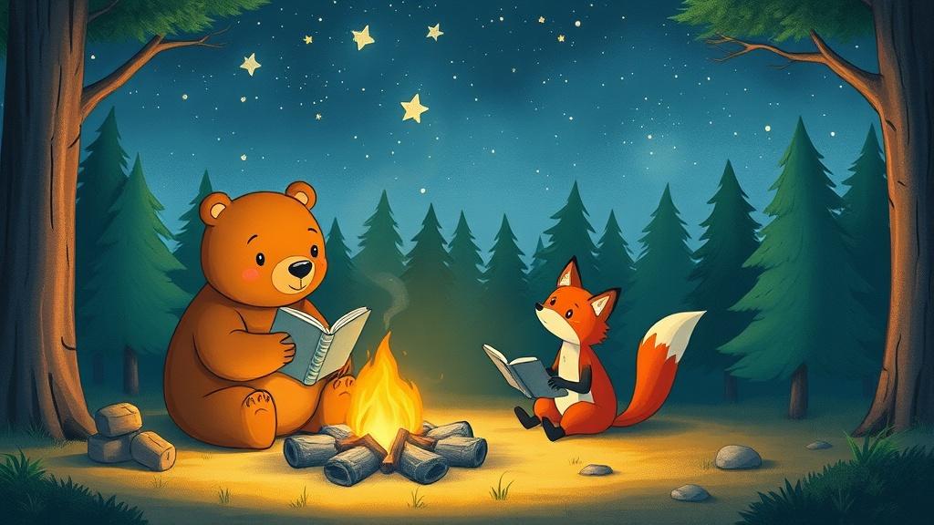 A storybook illustration of a bear and a fox sitting by a campfire telling stories under a starry sky in a forest clearing