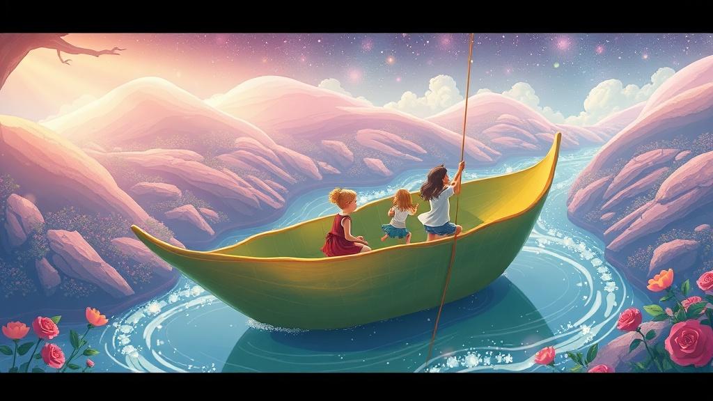 A storybook illustration of children floating on a giant leaf boat down a sparkling river through a candy-colored landscape