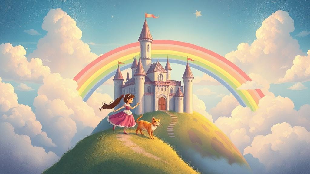 A storybook illustration of a princess and her cat exploring a castle made of clouds and rainbows high above the world