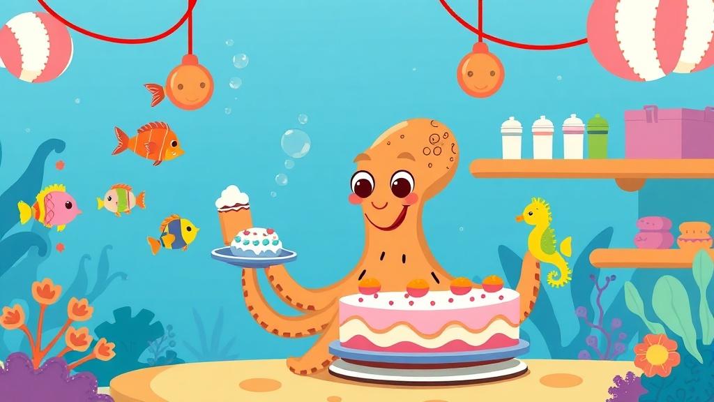 A storybook illustration of a friendly octopus running an underwater bakery serving cakes to colorful fish and seahorses