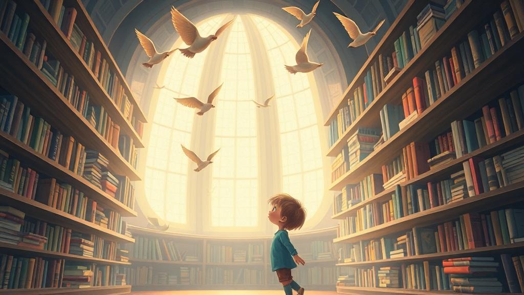 A storybook illustration of a magical library where books fly off shelves and form paper birds while a curious child reaches up with wonder