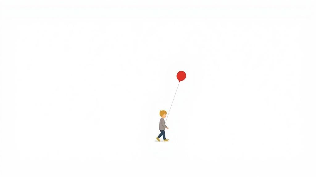 A minimalist illustration of a child walking through a vast empty white landscape with a single red balloon, clean lines and negative space