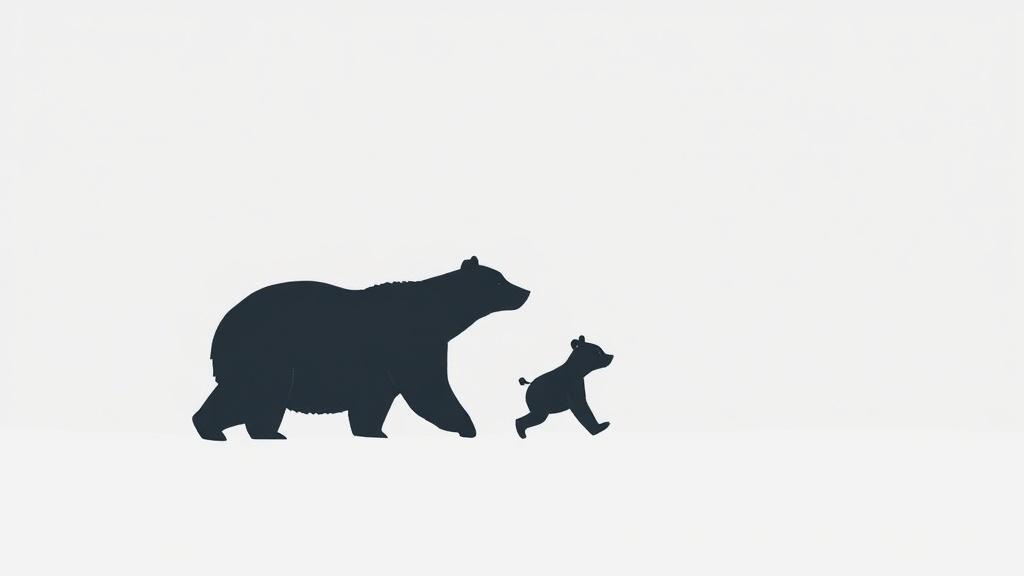 A minimalist illustration of a bear family walking in a line through snow with simple silhouettes and soft gray tones