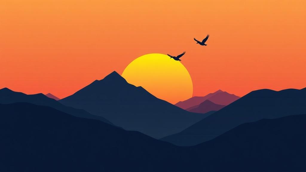 A minimalist illustration of birds flying over simple geometric mountains at sunrise with clean lines and warm gradient sky