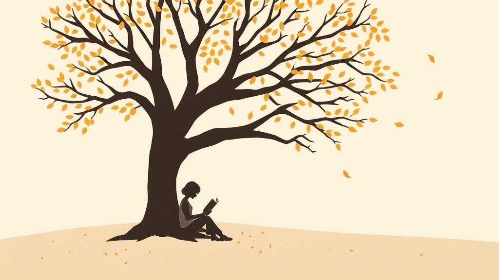 A minimalist illustration of a girl reading under a single large tree with falling leaves in muted autumn colors
