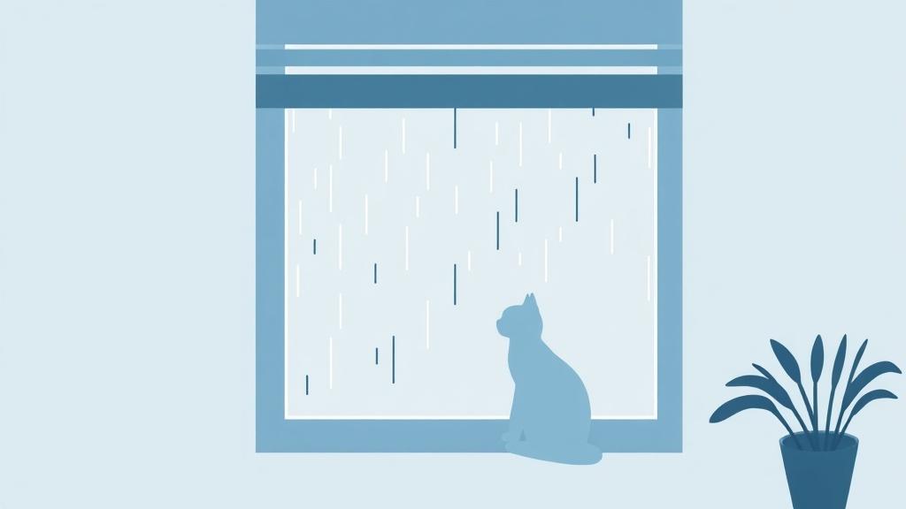 A minimalist illustration of a cat sitting in a window watching rain with simple shapes and blue-gray palette