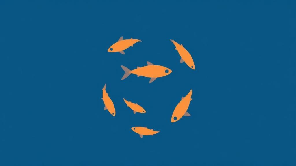 A minimalist illustration of fish swimming in a circle in deep blue water with clean lines and negative space