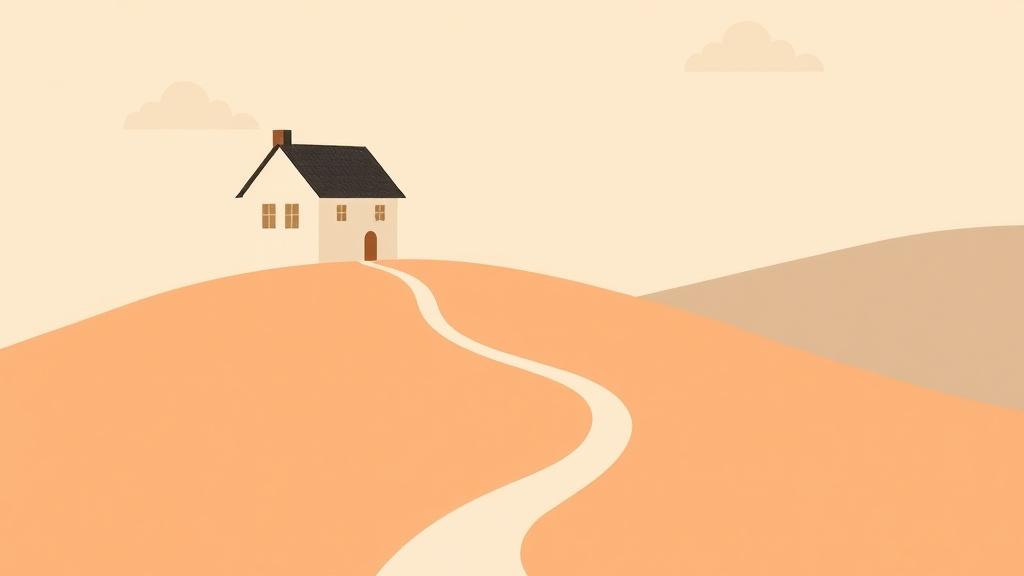 A minimalist illustration of a house on a hill with a winding path in warm muted colors