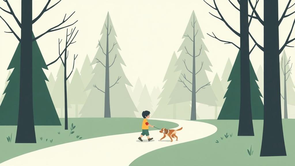 A minimalist illustration of a child and dog walking on a path through geometric trees in muted green tones