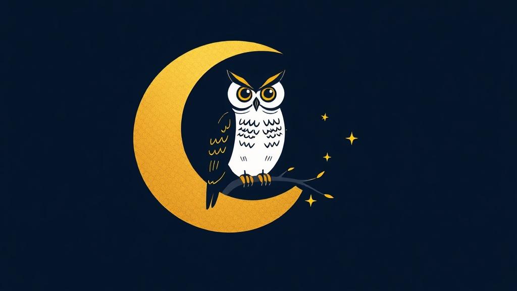 A minimalist illustration of an owl perched on a crescent moon with stars in dark blue and gold