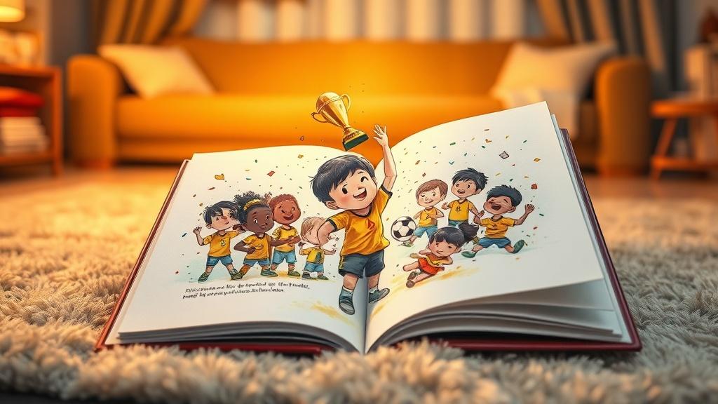 An AI-generated World Cup picture book for kids open on a living-room rug on match night, showing a young hero in a golden jersey lifting a tiny trophy among cheering cartoon teammates