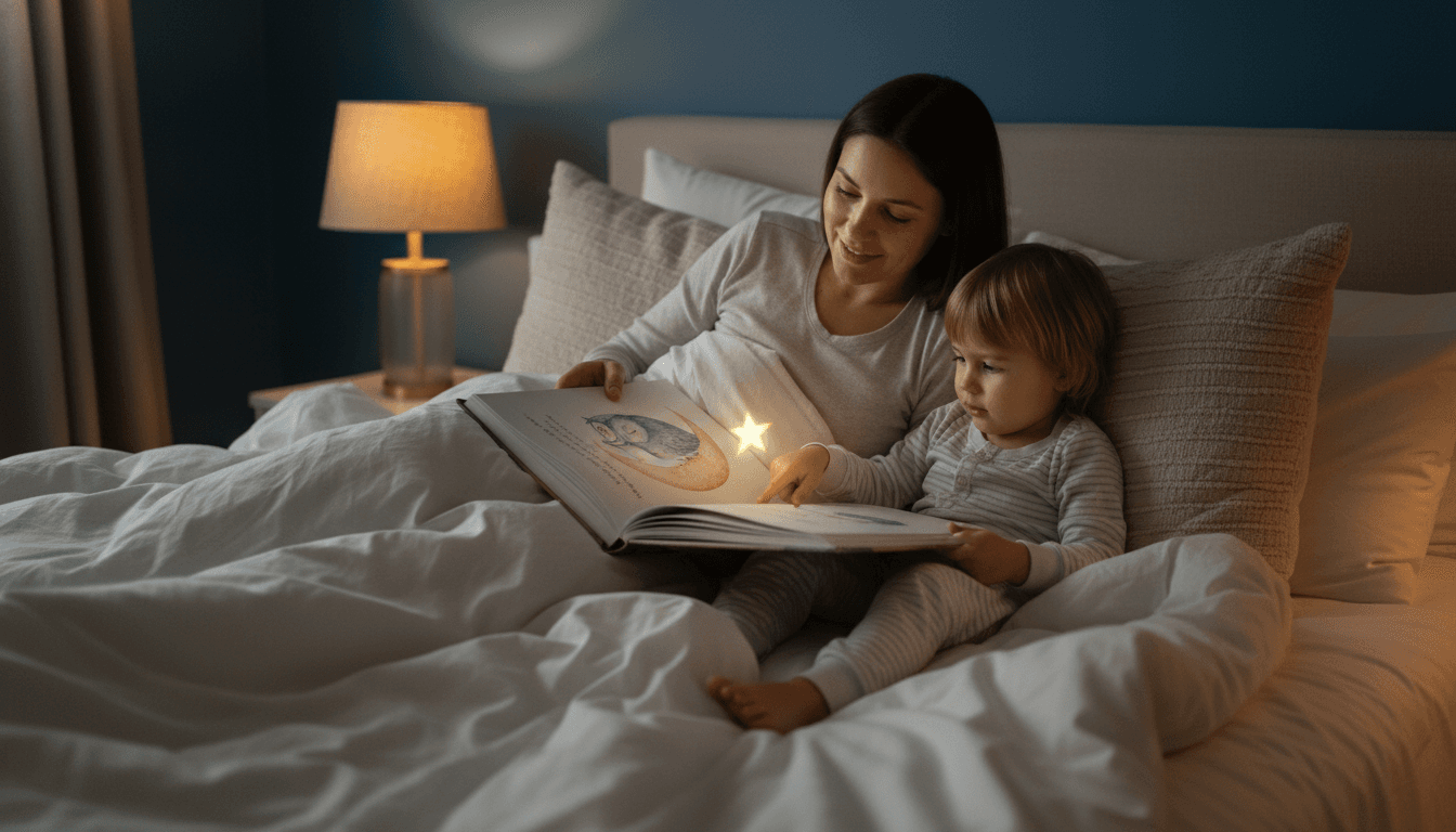 Parent and child reading a hardcover AI bedtime story book together at bedtime