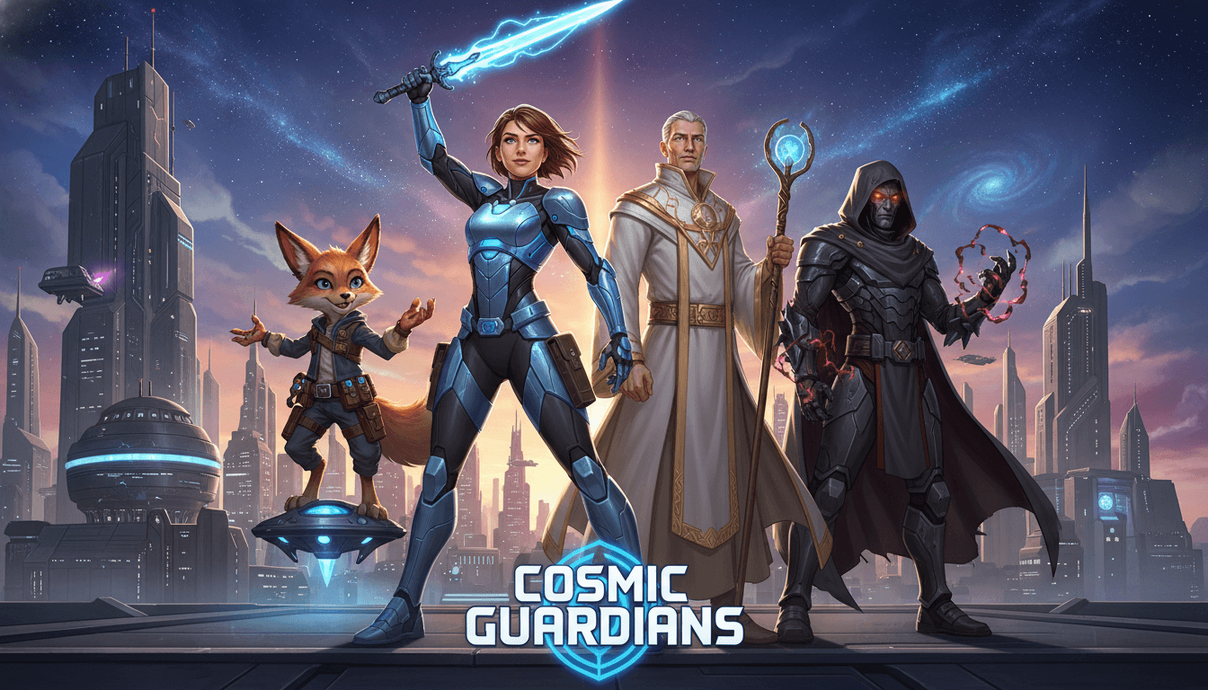 Ensemble cast of four AI-generated characters in one cohesive group illustration with matching art style and lighting