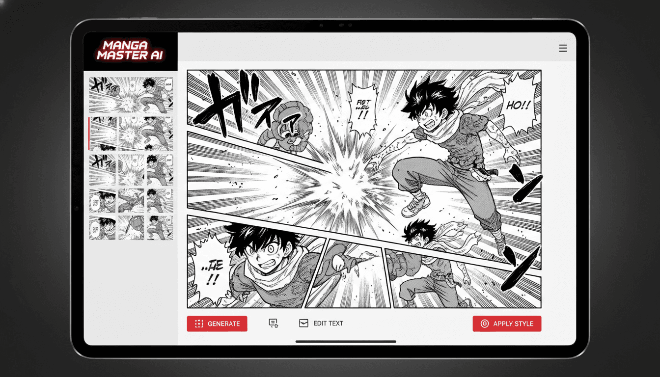 AI manga generator interface showing a generated multi-panel manga page with screentone, action lines, and speech bubbles