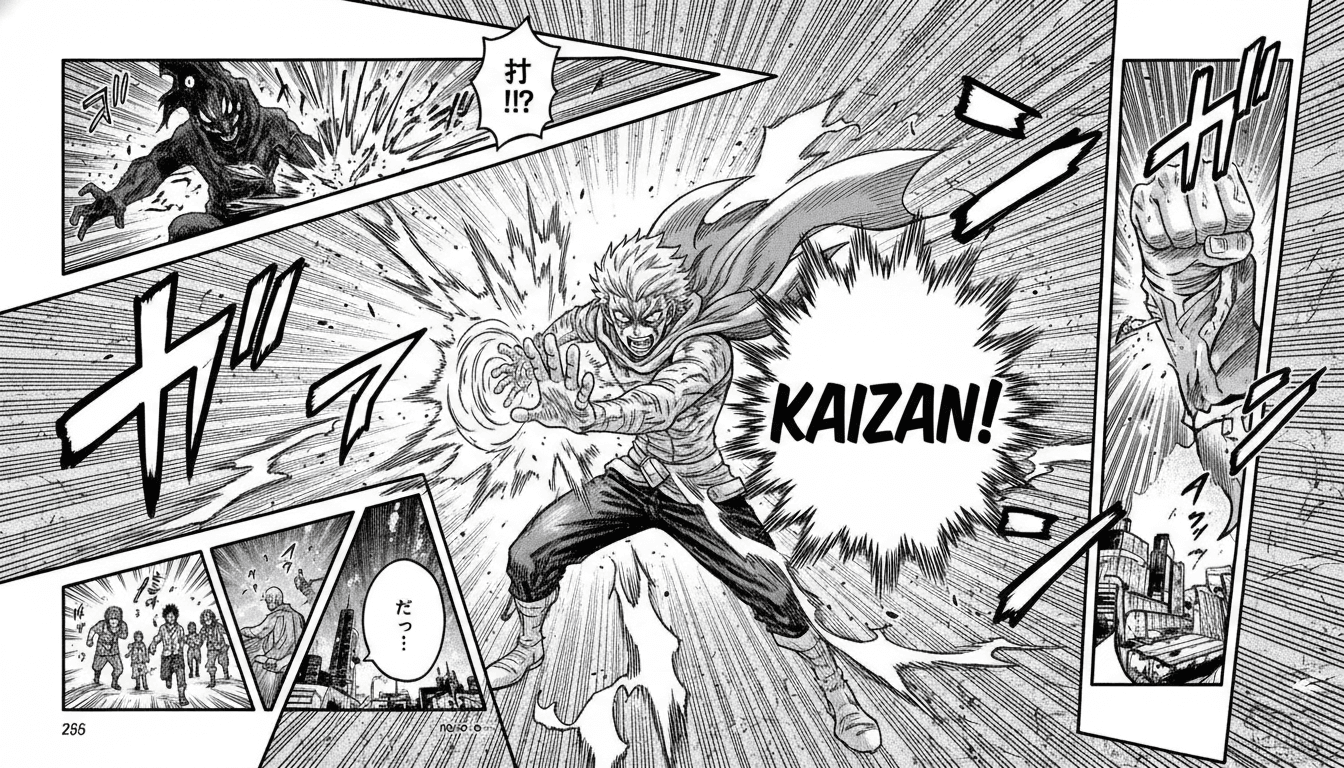 A full black-and-white manga page with a dynamic multi-panel layout, speed lines, screentone, and speech bubbles