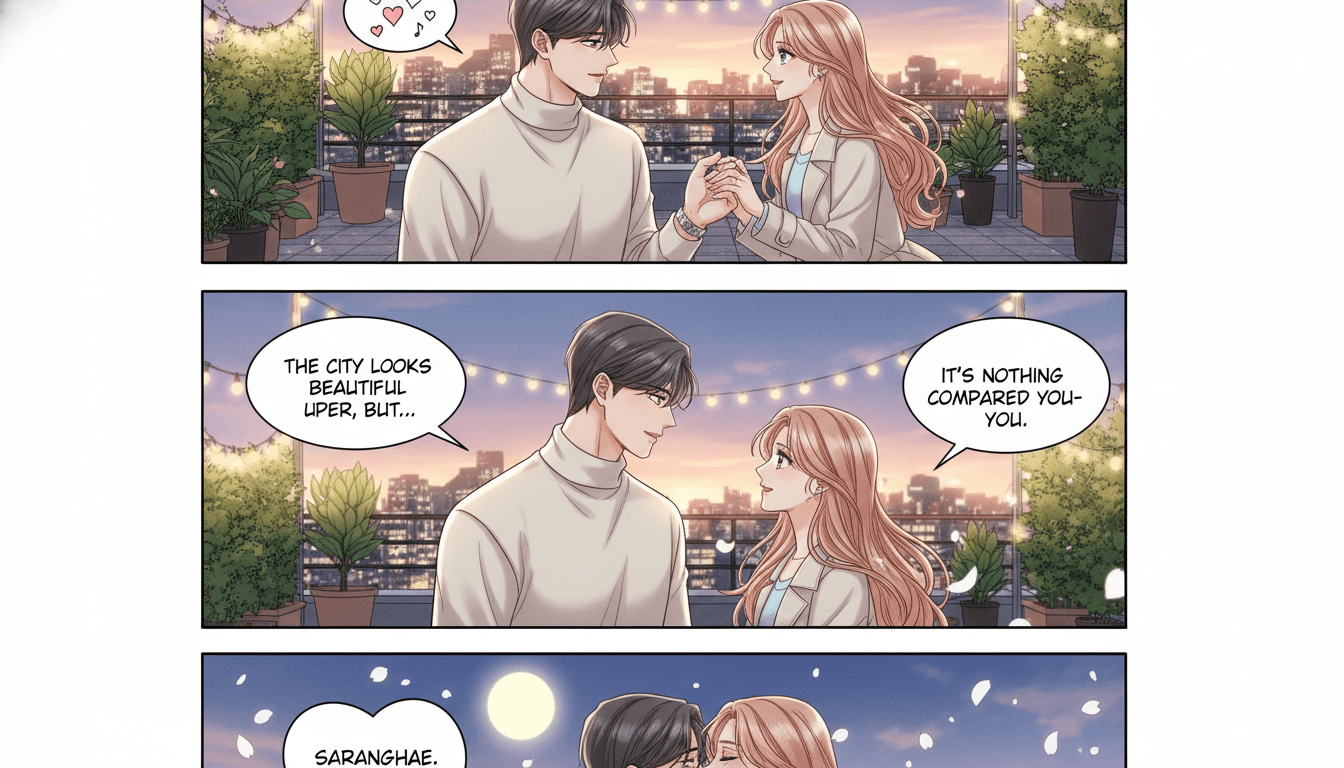A full-color webtoon manhwa vertical-scroll comic strip with stacked panels