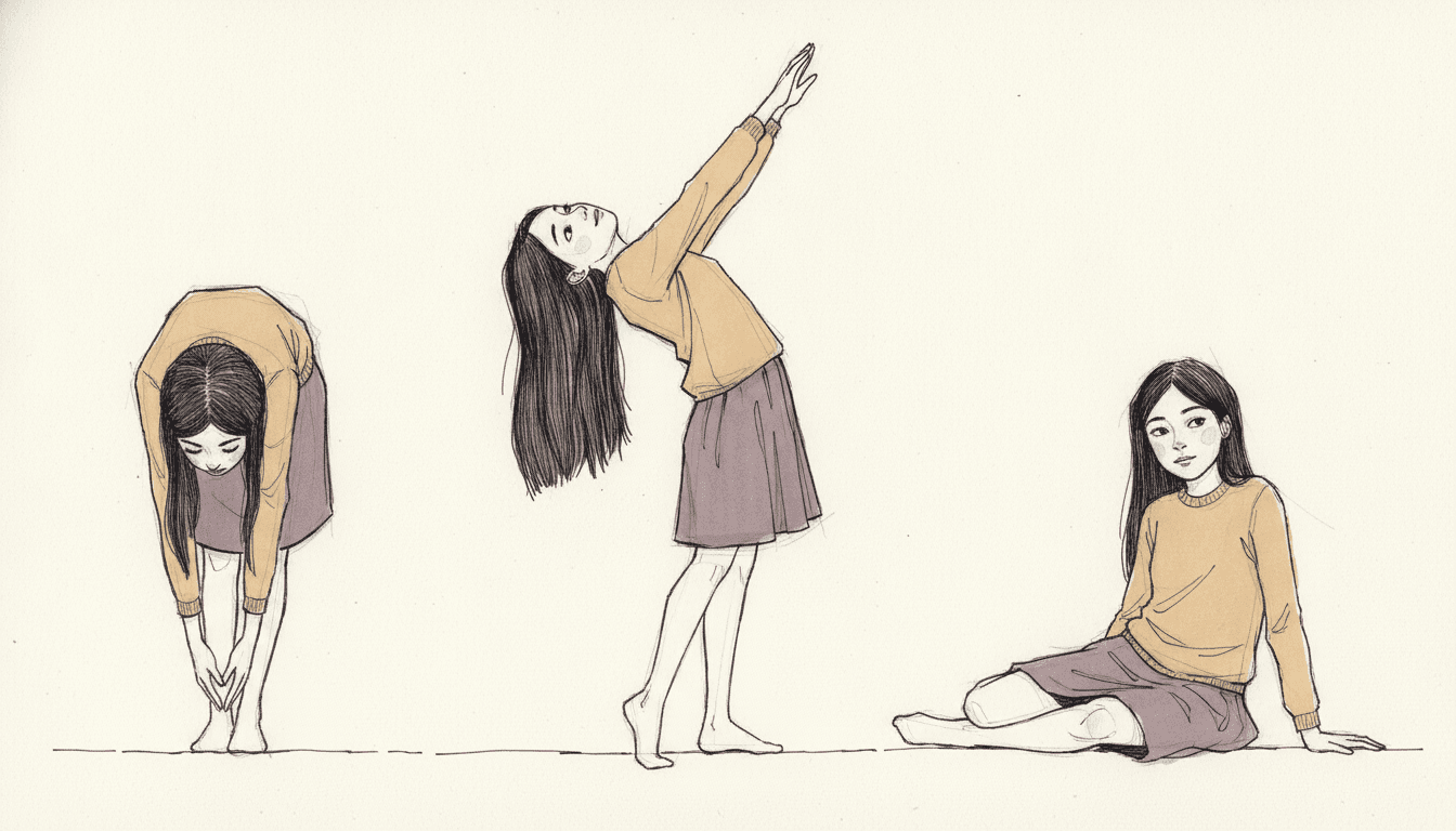 The same girl in an ochre jumper and a mauve skirt drawn three times across one bare page in three different postures and nothing else: on the left folded right over forwards from the waist with her long dark hair hanging down and both hands reaching to her ankles, in the middle stretched up on her toes with her whole body arched backwards, her face turned up and one long arm thrown up above her, and on the right sitting on the floor with one leg folded under her, twisted round to look back over her shoulder with one hand flat on the ground behind her taking her weight — faint searching strokes still visible alongside her back and arms, and one straight line beneath her feet for the floor