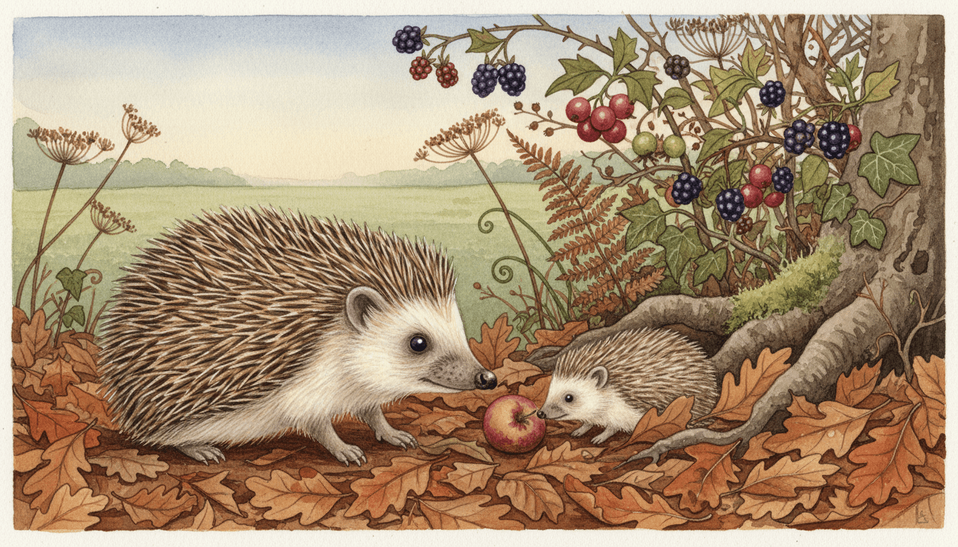 A naturalist watercolour picture book illustration of a mother hedgehog and her small hoglet in a deep bed of russet oak leaves at the foot of an autumn hedgerow, the mother’s banded brown and cream spines, wet black eye and tiny clawed feet painted in fine detail as she noses a small red crab apple, with ripe blackberries, red haws, curling ivy, a rust-coloured bracken frond and a mossy tree root above them and a soft green field under a pale evening sky beyond