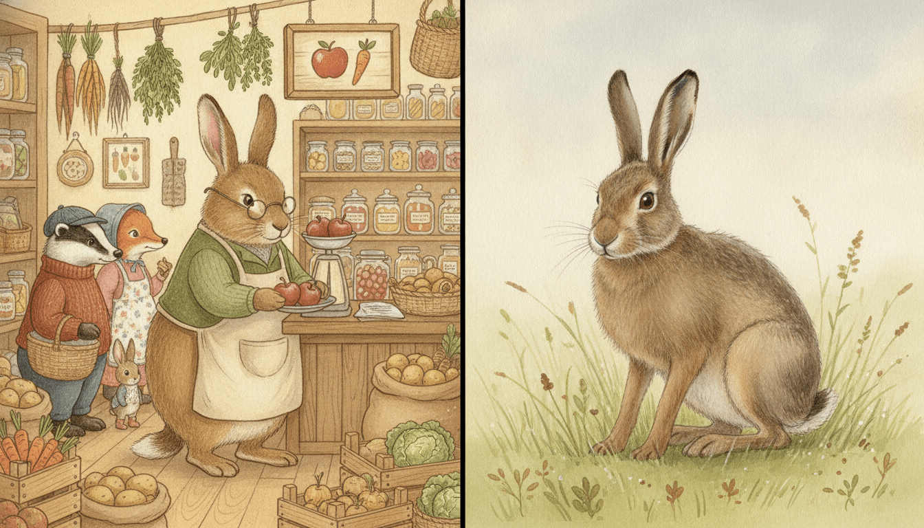 The same brown hare shown twice side by side — on the left upright in a green waistcoat and apron weighing apples behind a crowded greengrocer’s counter, and on the right as a real wild hare on four legs painted in soft washes among dewy meadow grass with no clothes and no shop at all