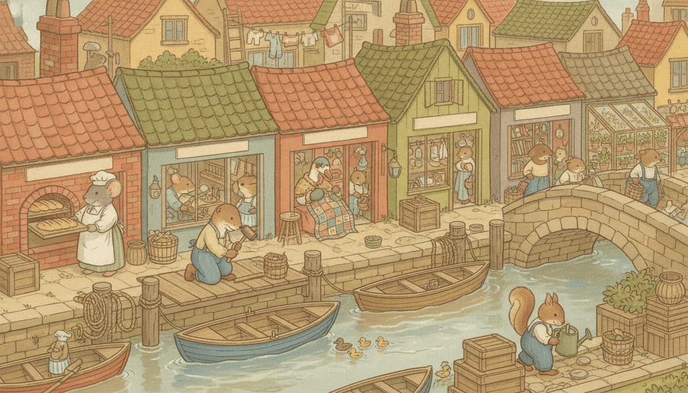 A row of little animal workplaces along a canal — a mouse baker drawing loaves from a brick oven, an otter patching an upturned rowing boat, a goose sewing a quilt in a doorway and a squirrel watering pots in a glasshouse — with moored boats, crates and a crowded stone bridge filling the rest of the picture