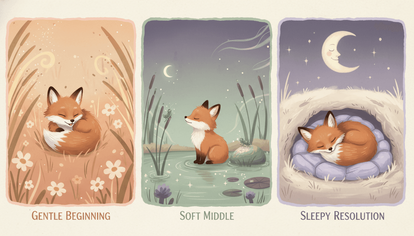A horizontal storyboard of three illustrated bedtime story pages showing a calming arc — gentle beginning, soft middle, sleepy resolution