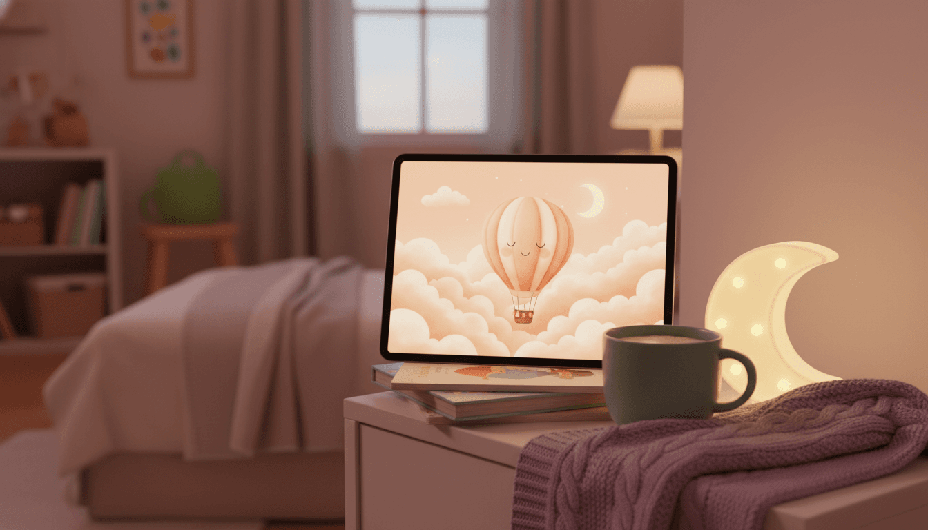 A child's nightstand with a tablet glowing with a freshly created bedtime story page, a moon-shaped night-light, warm milk in a sage-green mug, and a folded lavender knit blanket