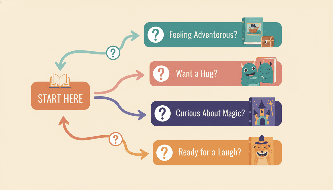 A cheerful illustrated decision flowchart for picking the best AI to convert a novel into a book — a starting box with a small book icon branches into four colorful paths leading to different end-card outcomes with tiny picture books inside