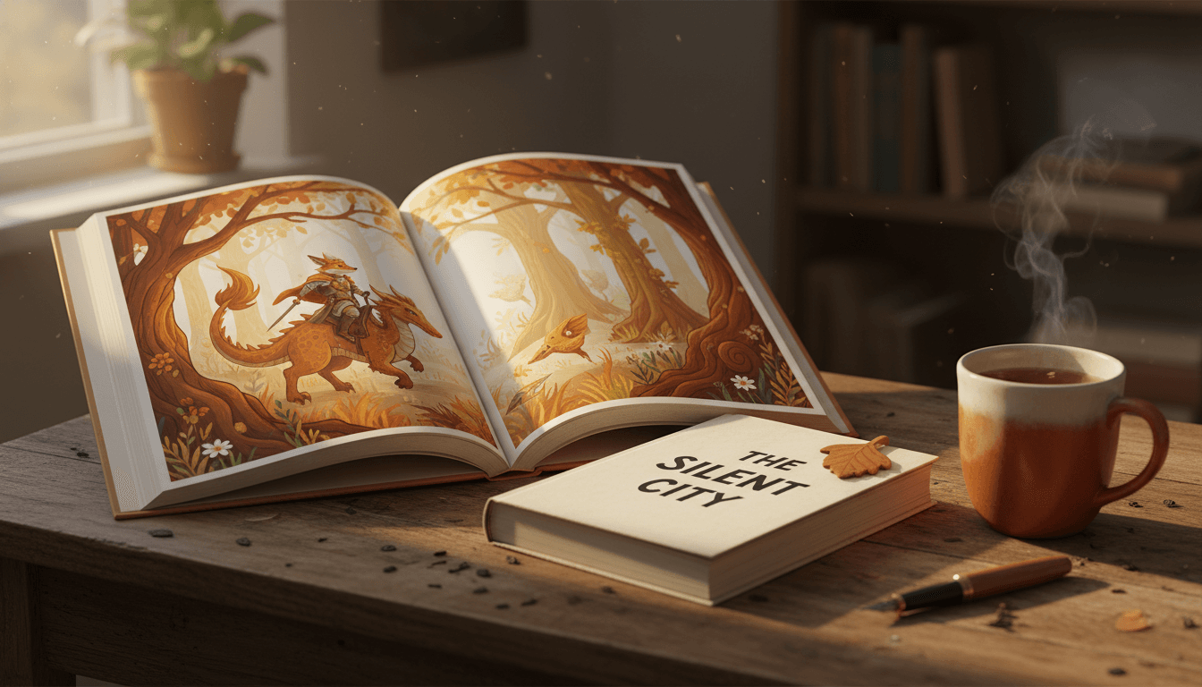 A finished hardcover illustrated picture book sitting open on a cozy wooden desk next to a closed paperback novel manuscript, warm golden-hour sunset light — visual metaphor for the finished outcome of converting a novel into an illustrated book with AI