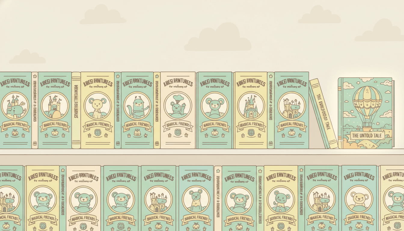A bookshelf of cookie-cutter children's picture books with similar template-pattern covers, with one custom hardcover glowing softly at the end — visual metaphor for Storybird's templated picture-book art