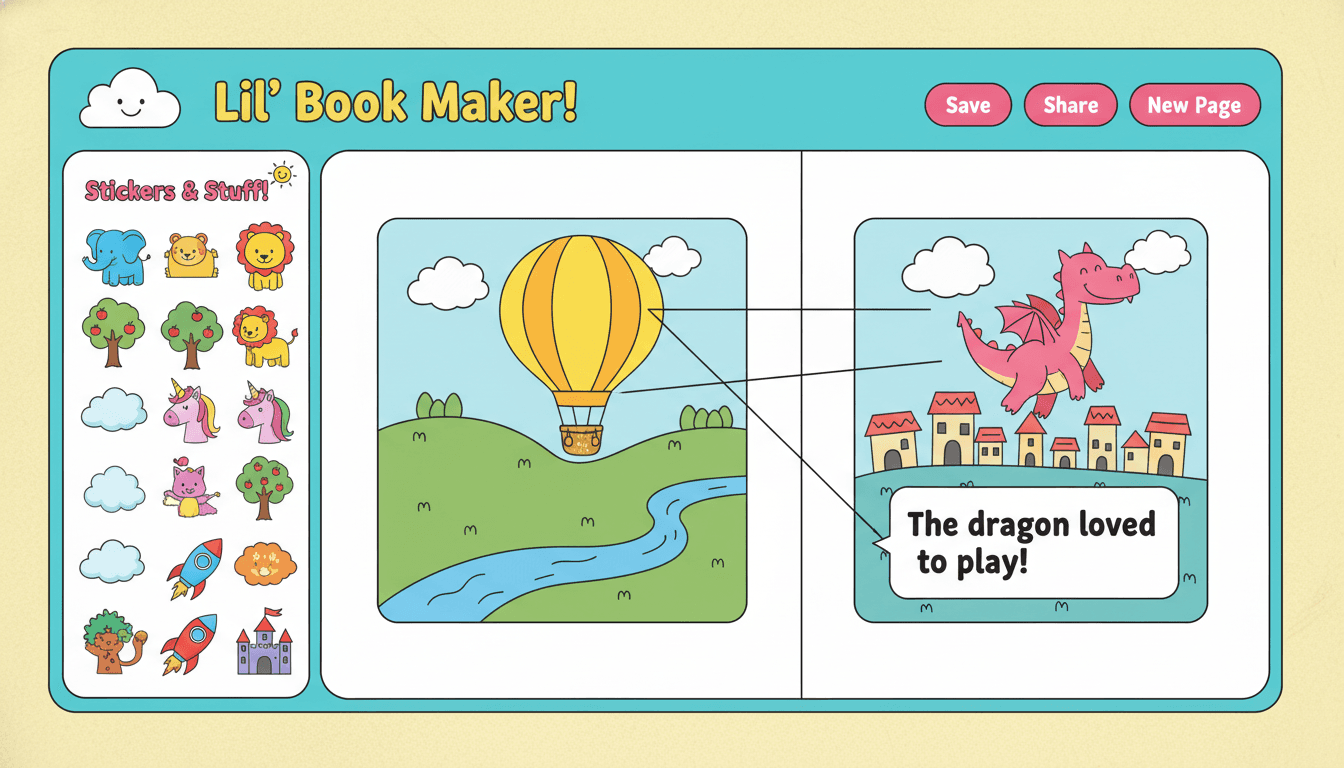A friendly drag-and-drop children's book builder interface with cartoon stickers and clip-art animals on a side panel and a half-built picture-book spread — visual metaphor for StoryJumper's kid-book builder