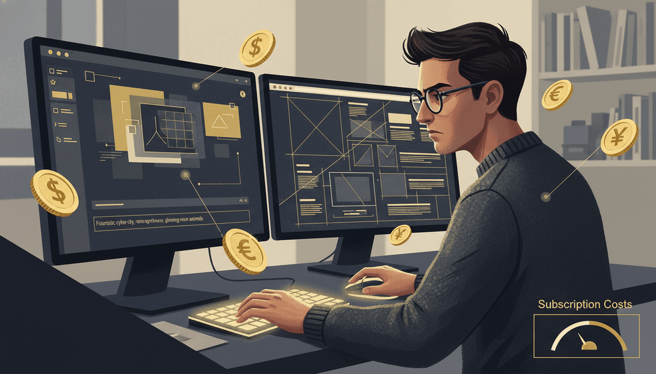 A serious freelance designer's dual-monitor setup — one monitor showing a layered AI image generator with a prompt and the other a complex page-layout grid, with subscription-cost coin icons floating around — visual metaphor for the Adobe pro design suite