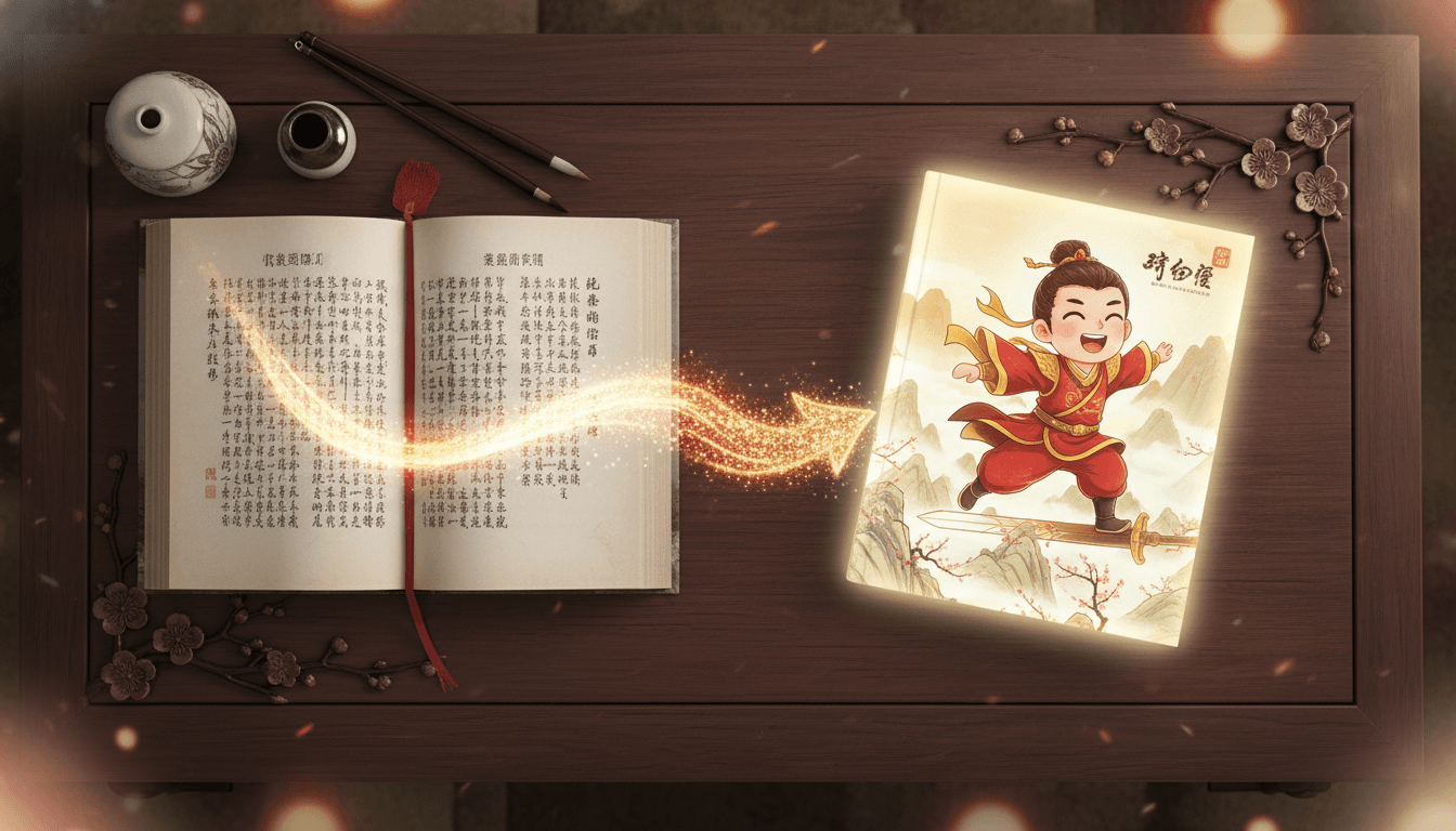 A traditional Chinese novel with classical 中文 vertical text transforming into an illustrated picture book of a smiling xianxia hero in flowing crimson and gold robes flying on a sword