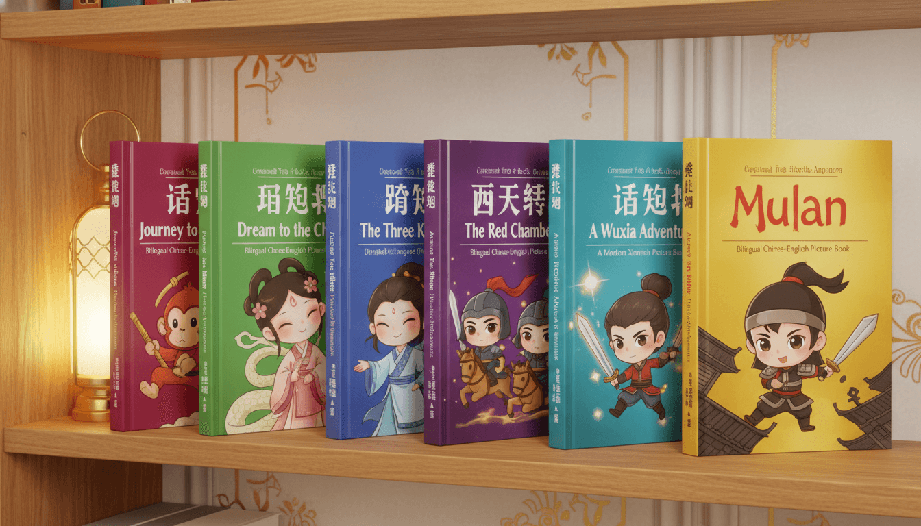 A bookshelf of bright bilingual Chinese-English illustrated picture books each adapted from a different Chinese novel — Journey to the West, Mulan, Legend of the White Snake, a modern xianxia web novel