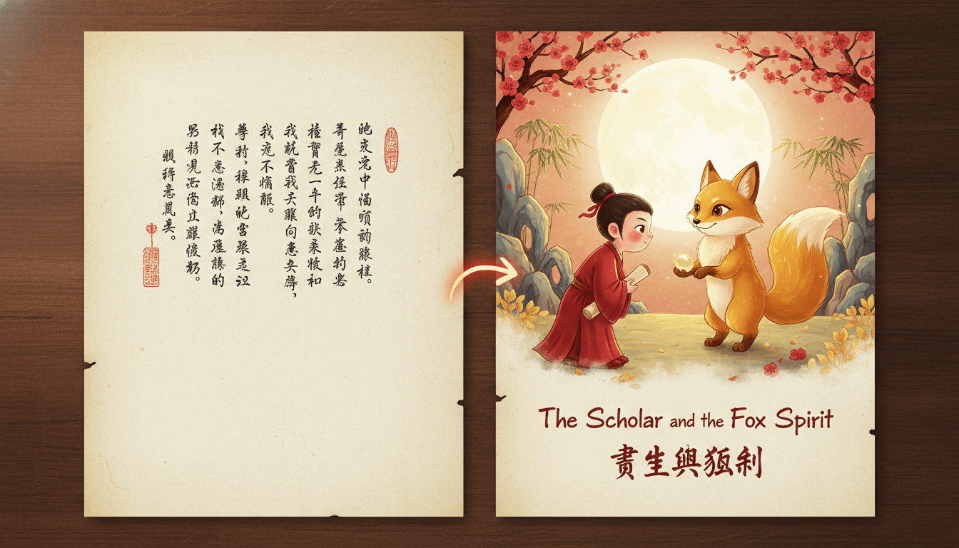 Side-by-side comparison: classical Chinese 中文 vertical novel text on the left, the same scene rendered as a beautiful picture book page with a young scholar meeting a friendly fox spirit under a glowing moon on the right