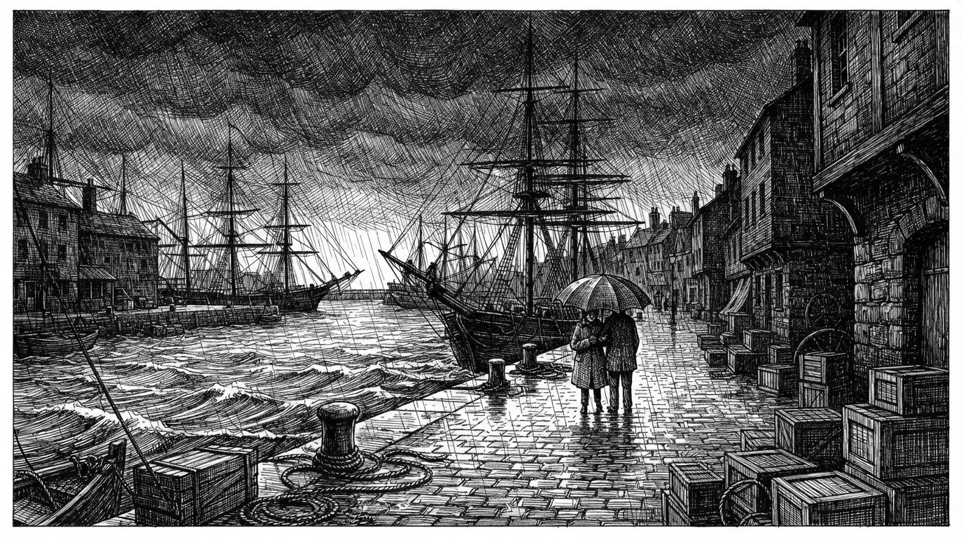 Crosshatched engraved ink illustration of a rainy Victorian harbour, the storm sky built from thousands of fine crossed pen strokes and the choppy water from long raking hatched waves, with two small figures under one umbrella on the quay