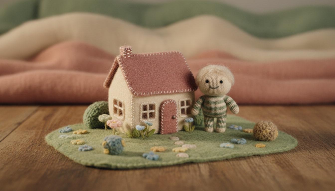A felt and knitted stop-motion miniature set photographed on a real tabletop, with a stitched fabric cottage standing on a visible felt ground plane and a hand-sized knitted puppet beside it