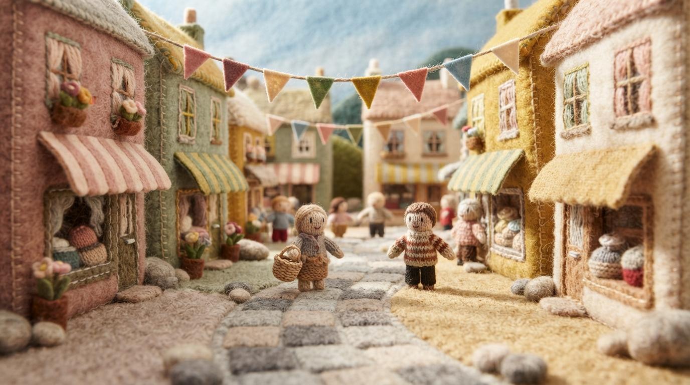 Handmade felt and knitted miniature village street of stitched fabric shopfronts with felt awnings, embroidered window frames and cut felt bunting, with tiny knitted puppet figures walking between them