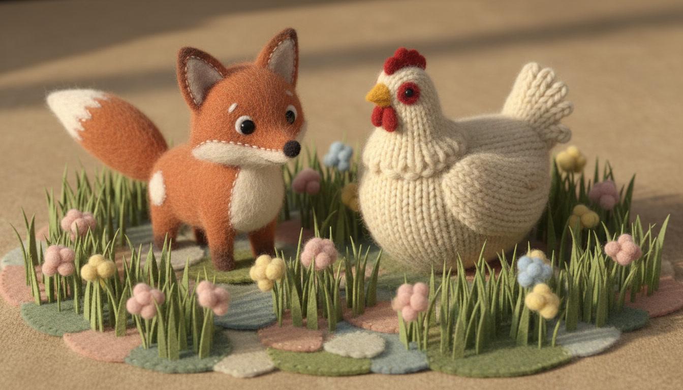 Stitched felt fox with embroidered eyes and a chunky knitted hen standing in a meadow of cut felt grass blades and french-knot wool flowers, in dusty pink, sage green and cream wool
